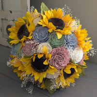 Sunflowers with Dusty Blue, Sage, Dusty Rose, and Ivory Bouquet with Baby's Breath and Greenery