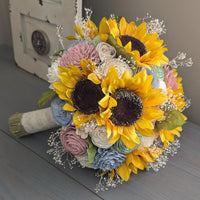 Sunflowers with Dusty Blue, Sage, Dusty Rose, and Ivory Bouquet with Baby's Breath and Greenery