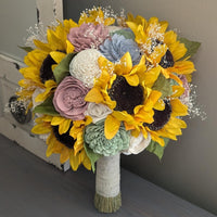 Sunflowers with Dusty Blue, Sage, Dusty Rose, and Ivory Bouquet with Baby's Breath and Greenery