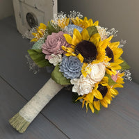 Sunflowers with Dusty Blue, Sage, Dusty Rose, and Ivory Bouquet with Baby's Breath and Greenery