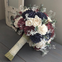 Navy, Burgundy, and Ivory Bouquet with Baby's Breath and Greenery