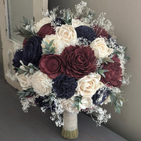 Navy, Burgundy, and Ivory Bouquet with Baby's Breath and Greenery