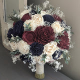 Navy, Burgundy, and Ivory Bouquet with Baby's Breath and Greenery