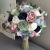 Dusty Blue, Sage, Dusty Rose, Navy, and Ivory Bouquet with Baby's Breath and Greenery