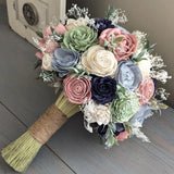 Dusty Blue, Sage, Dusty Rose, Navy, and Ivory Bouquet with Baby's Breath and Greenery