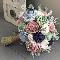 Dusty Blue, Sage, Dusty Rose, Navy, and Ivory Bouquet with Baby's Breath and Greenery