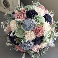 Dusty Blue, Sage, Dusty Rose, Navy, and Ivory Bouquet with Baby's Breath and Greenery