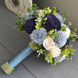 Dusty Blue, Navy, and Ivory Bouquet with Mixed Greenery