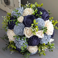 Dusty Blue, Navy, and Ivory Bouquet with Mixed Greenery