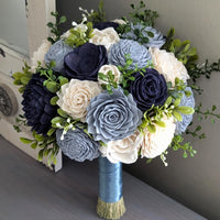 Dusty Blue, Navy, and Ivory Bouquet with Mixed Greenery