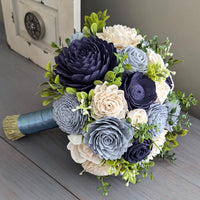 Dusty Blue, Navy, and Ivory Bouquet with Mixed Greenery