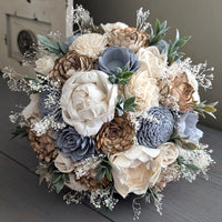 Dusty Blue, Natural, and Ivory Bouquet with Baby's Breath and Greenery