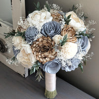 Dusty Blue, Natural, and Ivory Bouquet with Baby's Breath and Greenery