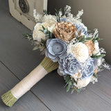 Dusty Blue, Natural, and Ivory Bouquet with Baby's Breath and Greenery