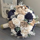 Navy, Nude, and Ivory Bouquet with Baby's Breath and Greenery