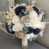 Navy, Nude, and Ivory Bouquet with Baby's Breath and Greenery