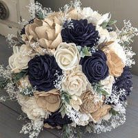 Navy, Nude, and Ivory Bouquet with Baby's Breath and Greenery