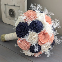 Navy, Peach, and Ivory Bouquet with Baby's Breath