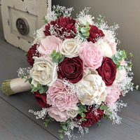 Wine, Blush, and Ivory Bouquet with Baby's Breath and Spiral Eucalyptus