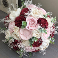 Wine, Blush, and Ivory Bouquet with Baby's Breath and Spiral Eucalyptus