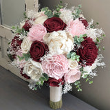 Wine, Blush, and Ivory Bouquet with Baby's Breath and Spiral Eucalyptus