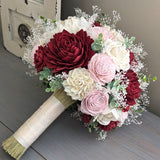 Wine, Blush, and Ivory Bouquet with Baby's Breath and Spiral Eucalyptus