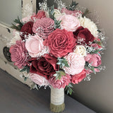 Strawberry, Wine, Blush, Pinkish Mauve, and Ivory Bouquet with Baby's Breath and Greenery