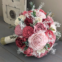 Strawberry, Wine, Blush, Pinkish Mauve, and Ivory Bouquet with Baby's Breath and Greenery