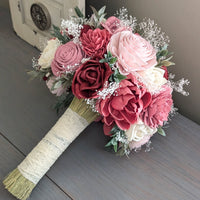 Strawberry, Wine, Blush, Pinkish Mauve, and Ivory Bouquet with Baby's Breath and Greenery