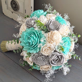 Mint, Light Gray, and Ivory Bouquet with Baby's Breath and Spiral Eucalyptus