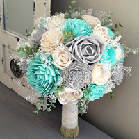 Mint, Light Gray, and Ivory Bouquet with Baby's Breath and Spiral Eucalyptus