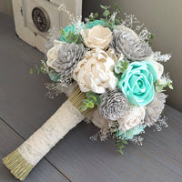 Mint, Light Gray, and Ivory Bouquet with Baby's Breath and Spiral Eucalyptus