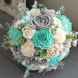 Mint, Light Gray, and Ivory Bouquet with Baby's Breath and Spiral Eucalyptus