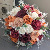 Burgundy, Wine, Terra Cotta, Rose Gold, and Ivory Bouquet with Baby's Breath and Greenery