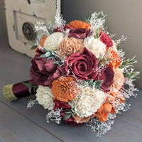 Burgundy, Wine, Terra Cotta, Rose Gold, and Ivory Bouquet with Baby's Breath and Greenery