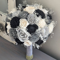 Black, Charcoal, Light Gray, and Ivory Bouquet with Baby's Breath