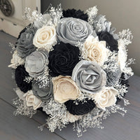 Black, Charcoal, Light Gray, and Ivory Bouquet with Baby's Breath