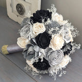 Black, Charcoal, Light Gray, and Ivory Bouquet with Baby's Breath