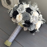 Black, Charcoal, Light Gray, and Ivory Bouquet with Baby's Breath