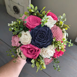 Fuschia, Pinkish Mauve, Navy, and Ivory Bouquet with Mixed Greenery