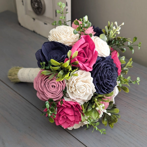 Fuschia, Pinkish Mauve, Navy, and Ivory Bouquet with Mixed Greenery