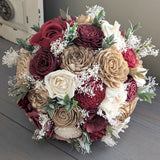 Burgundy, Wine, Nude, Natural, and Ivory Bouquet with Baby's Breath and Greenery