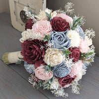 Dusty Blue, Burgundy, Blush, and Ivory Bouquet with Baby's Breath and Greenery