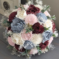 Dusty Blue, Burgundy, Blush, and Ivory Bouquet with Baby's Breath and Greenery