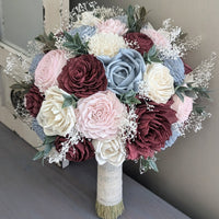 Dusty Blue, Burgundy, Blush, and Ivory Bouquet with Baby's Breath and Greenery