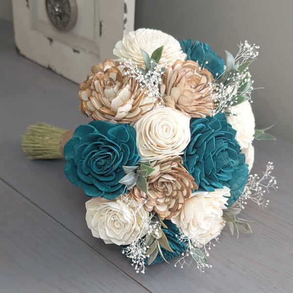 Turkish Blue, Natural, and Ivory Bouquet with Baby's Breath and Greenery