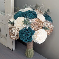 Turkish Blue, Natural, and Ivory Bouquet with Baby's Breath and Greenery