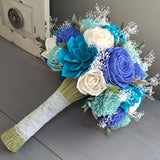 Royal Blue, Aqua, Blue Teal, and Ivory Bouquet with Baby's Breath and Greenery