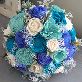 Royal Blue, Aqua, Blue Teal, and Ivory Bouquet with Baby's Breath and Greenery