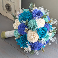 Royal Blue, Aqua, Blue Teal, and Ivory Bouquet with Baby's Breath and Greenery